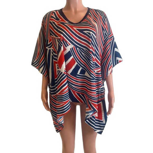 Res Ipsa Kimono Kaftan Top Womens One Size Red White Blue Striped Pullover 0/S - Picture 1 of 14